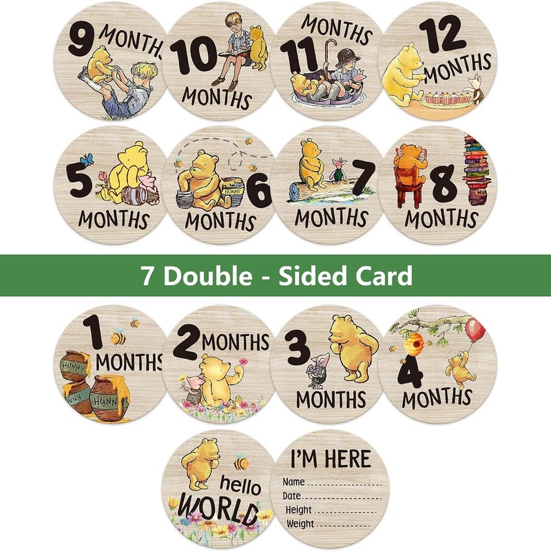 PAMBO The Winnie Baby Bear Month Milestone Circles, Wooden Discs Stuff for Baby Photo Takens with Hello World Name Signs - 7Pcs Double Sided Signs for Documenting Growth - Image 5